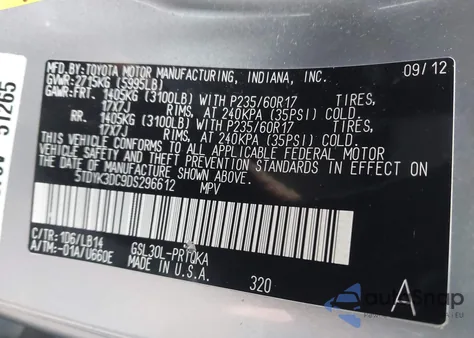 2013 Toyota Sienna Xle V6 8 Passenger из США, поврежденный, VIN 5TDYK3DC9DS296612